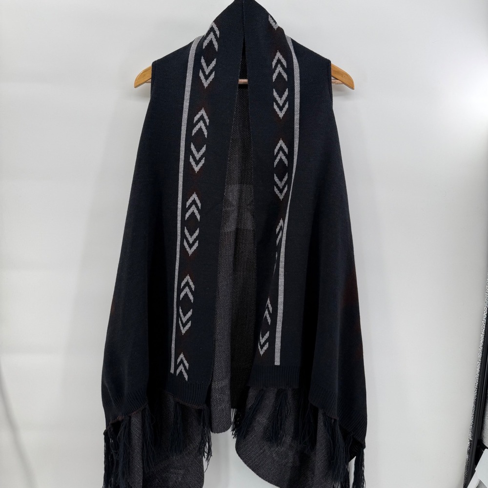 World Market Womens Southwestern Knit Vest Open Front Fringe Charcoal Grey O/S